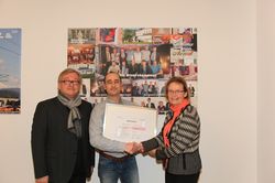 Certification awarded from Agnes Steinberger (qualityaustria) to Peter Blum (VEGA) and Rupert Pliem (External Consultant)